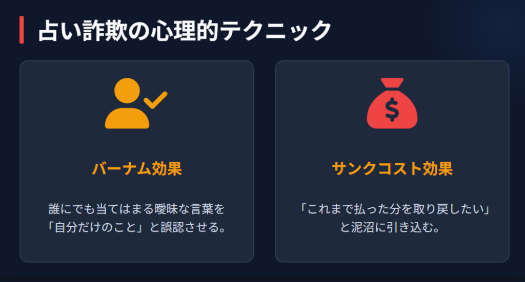 占い詐欺の典型的な手口と心理的な誘導