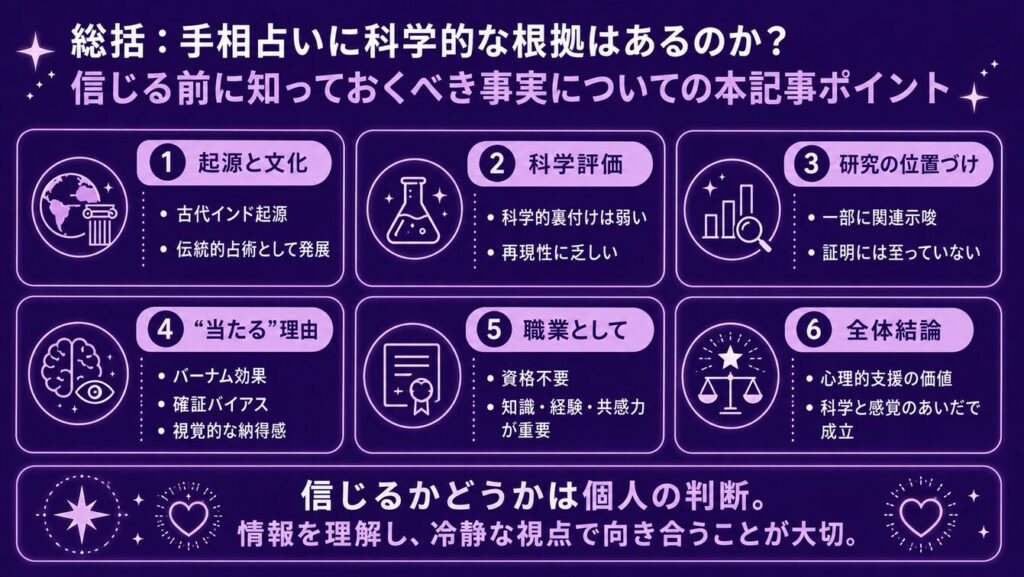 総括:手相占いに科学的な根拠はあるのか?信じる前に知っておくべき事実についての本記事ポイント