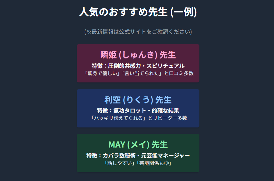 占い館愛梨のおすすめ先生一覧