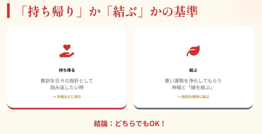 複数のおみくじは「持ち帰り」か結ぶかを選択する基準