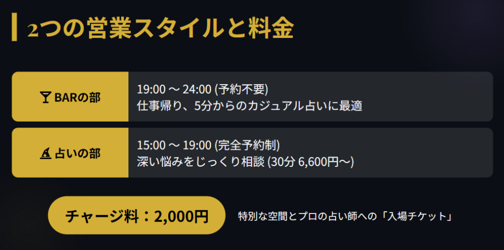 占いBAR Luna Magic チャージ料金とBar営業のシステム