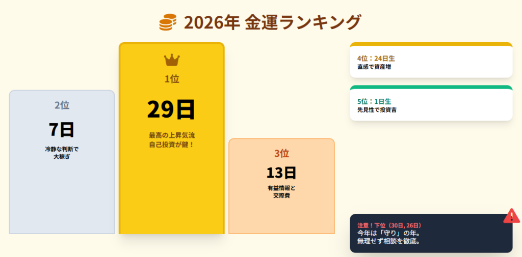 シウマ　生まれた日別の金運ランキング