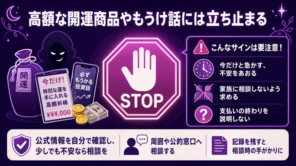 金運を上げる方法　高額な開運商品やもうけ話には立ち止まる