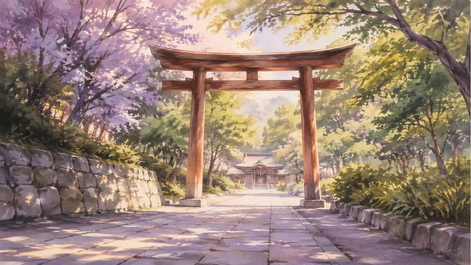 木々に囲まれた鳥居へ石畳が続く、穏やかな神社参拝のイメージ