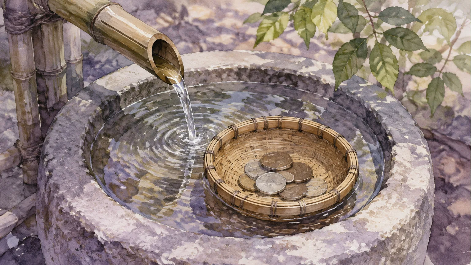 水盤のかごに入れた硬貨を清める、銭洗いのイメージイラスト