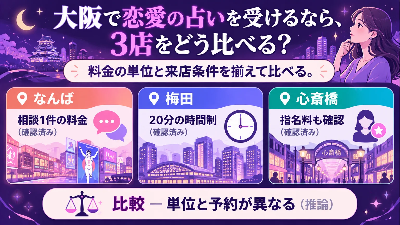 なんば、梅田、心斎橋の恋愛占いを料金単位と予約で比べる図