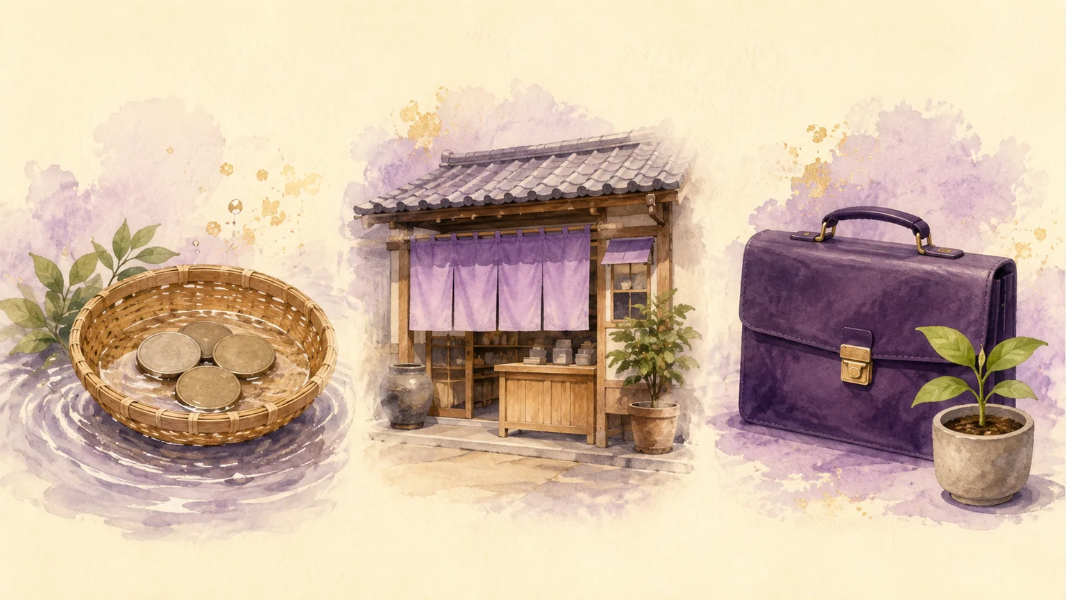 銭洗い、商売、仕事の願いを、かごと店舗と鞄で表したイラスト