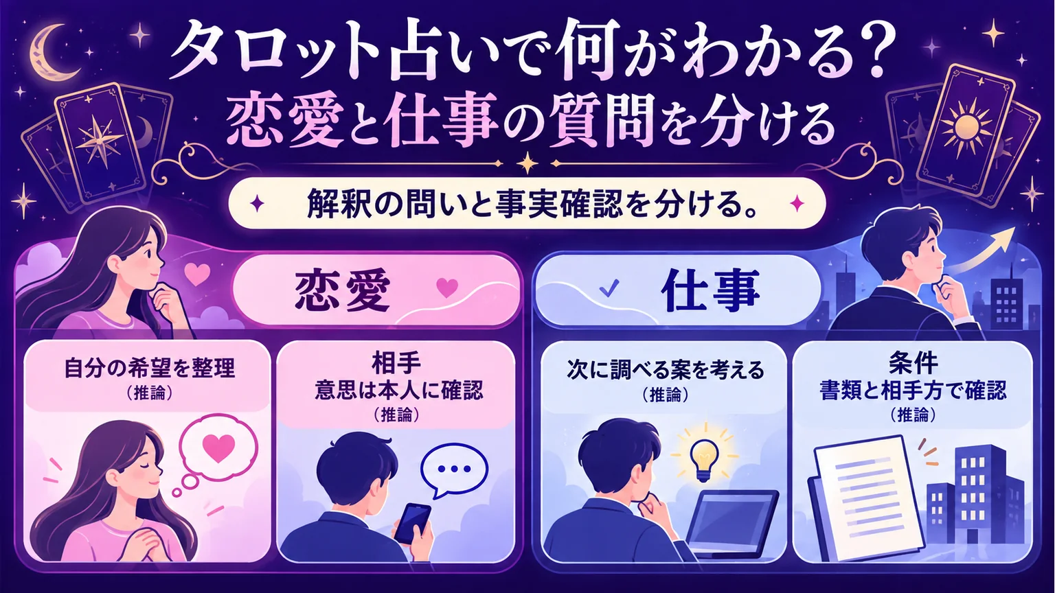 恋愛と仕事の占いで自分の問いと本人や書類に確認する事実を分ける図