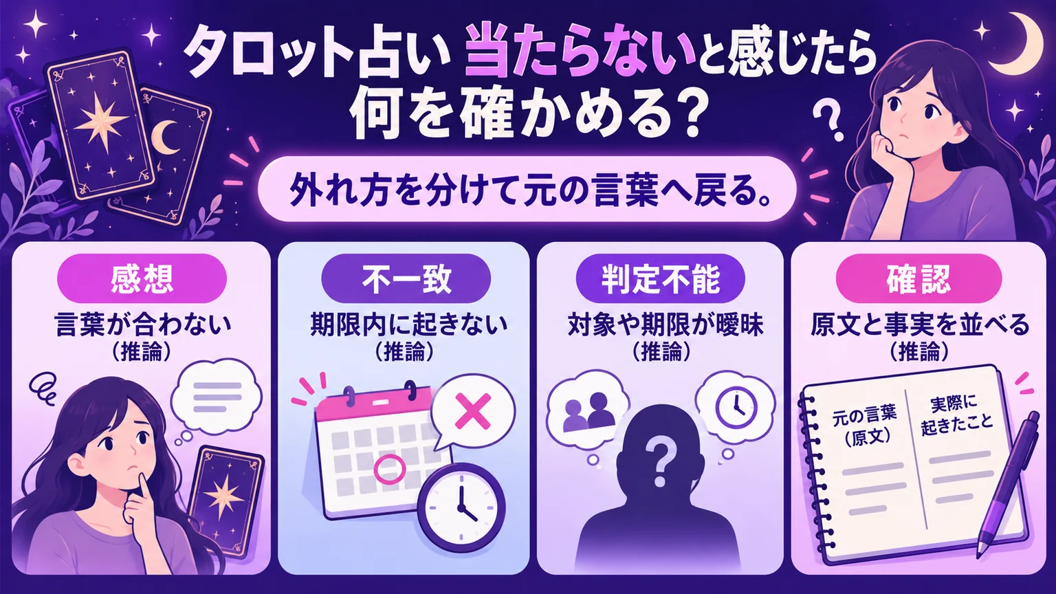 タロット占いが当たらないときの感想、不一致、判定不能、確認を分ける図