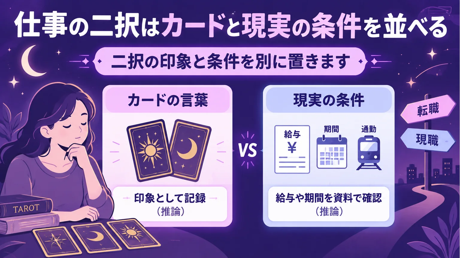 仕事の二択でカードの印象と実際の条件を分ける図解