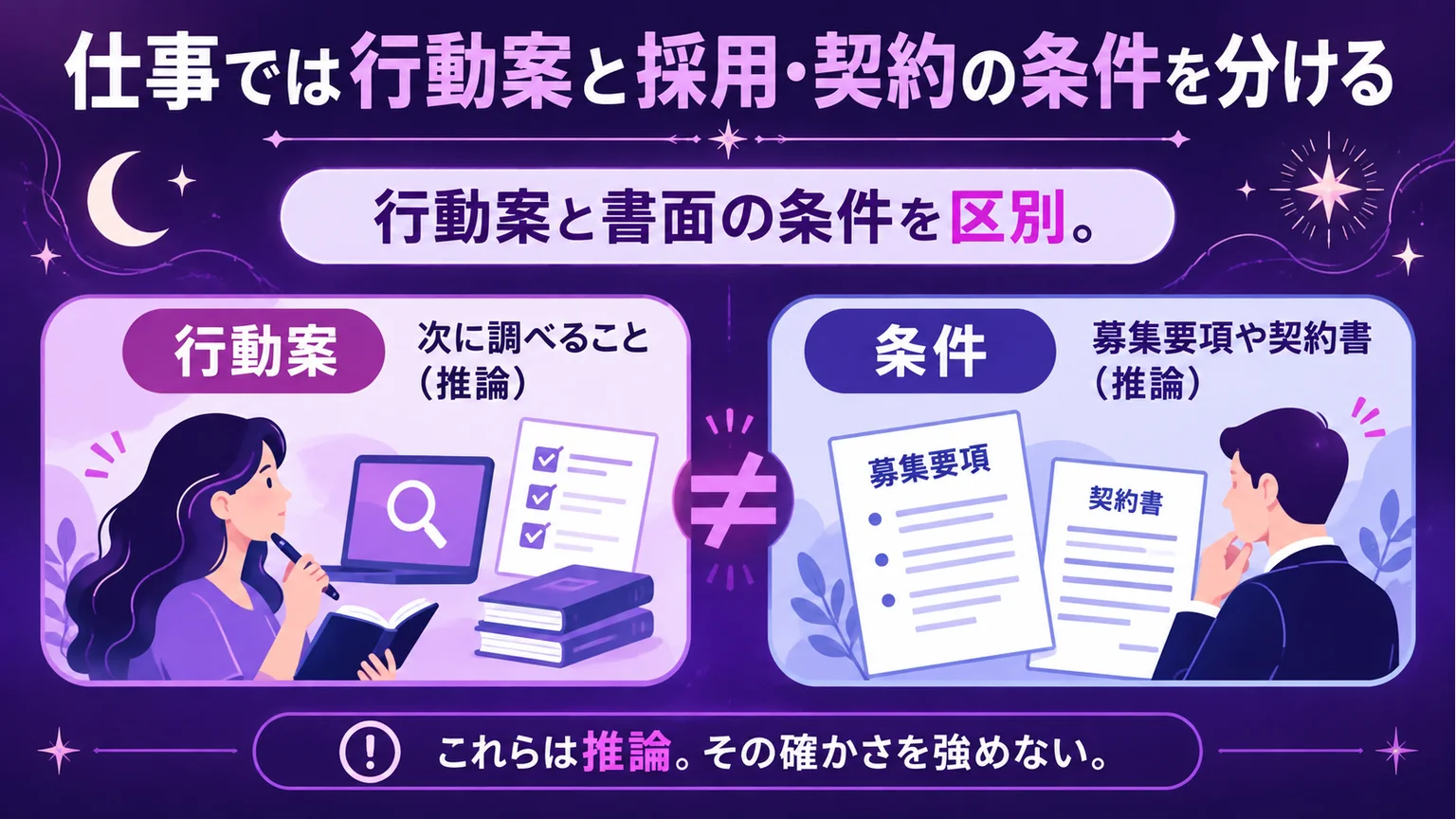 仕事の占いで次に調べる行動案と募集要項・契約書を分ける図