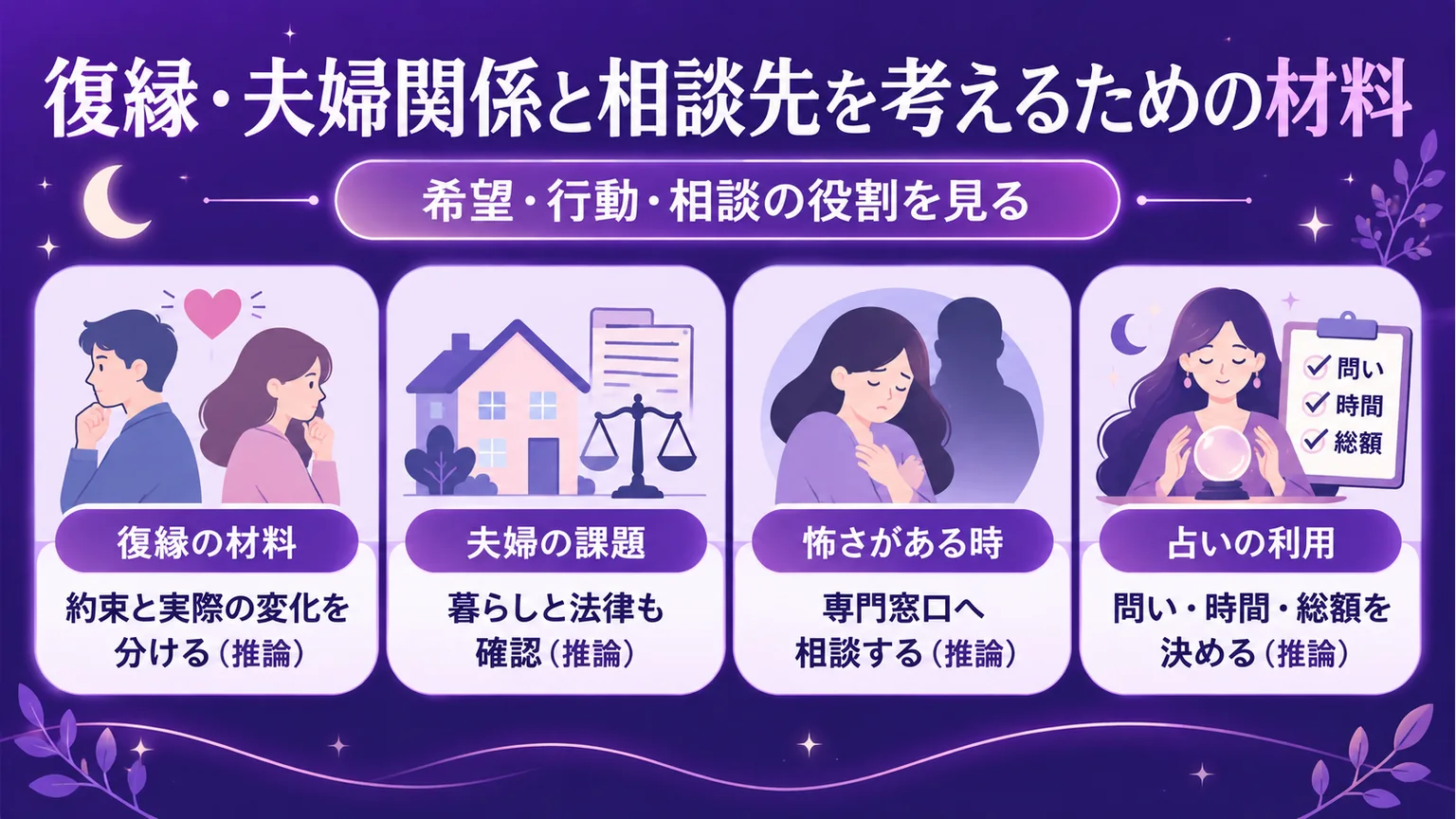 復縁の材料、夫婦の課題、怖さがある時の相談、占いの利用条件を四つのカードで示した図