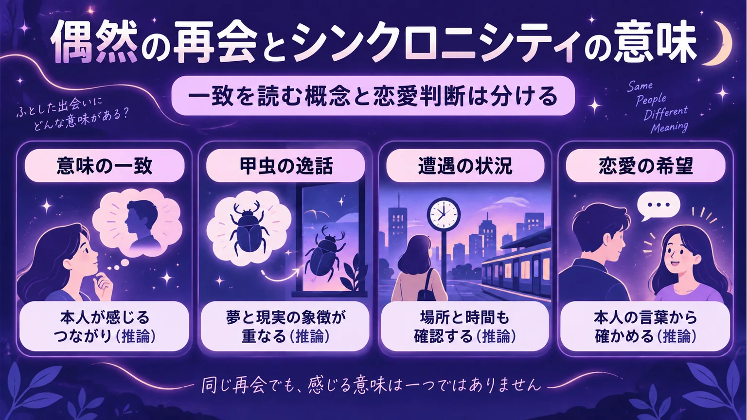 偶然の再会とシンクロニシティの意味を、意味の一致・甲虫の逸話・遭遇の状況・恋愛の希望から示す図解
