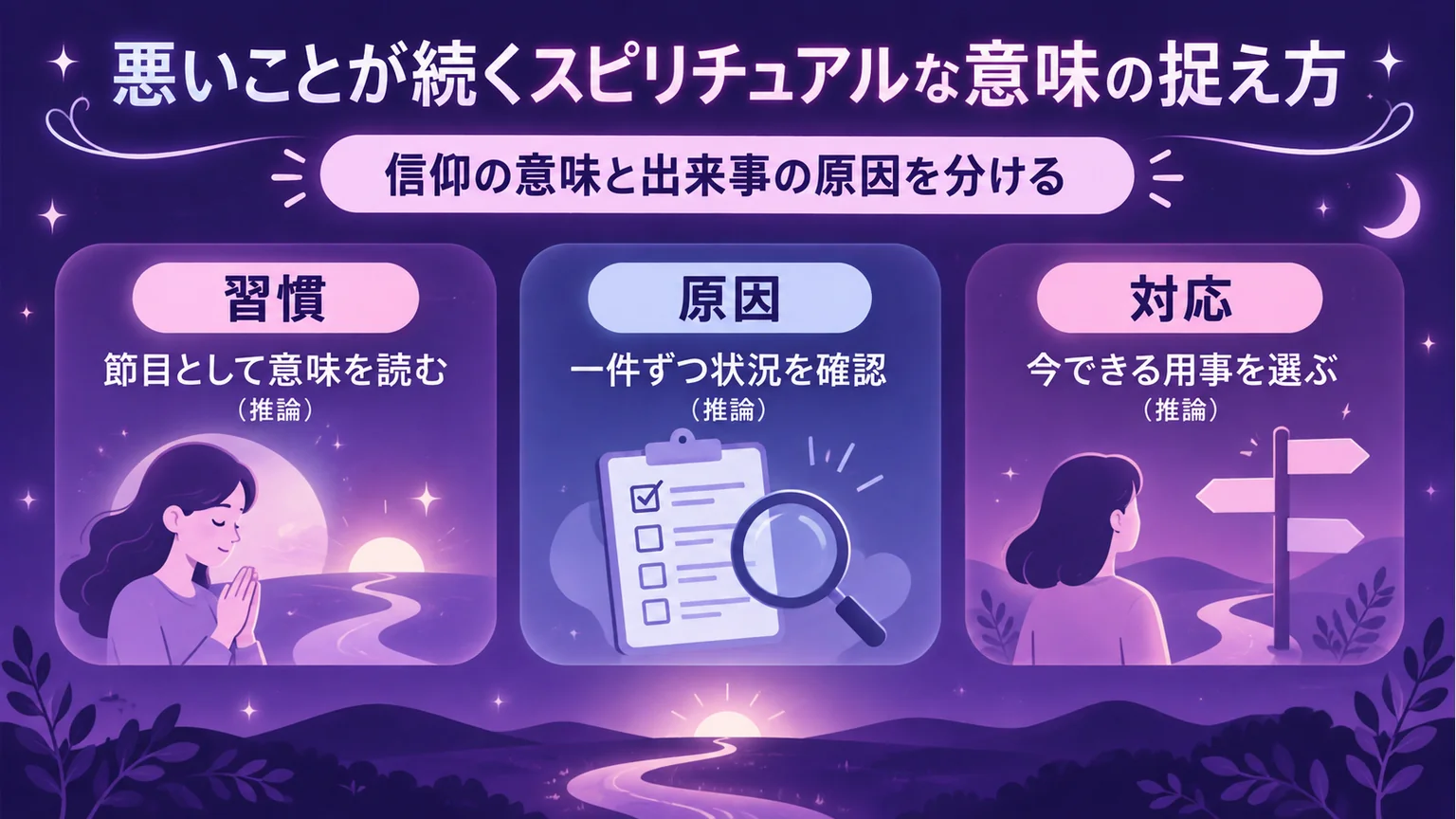 習慣・原因・対応を三つに分けた紫色の図解