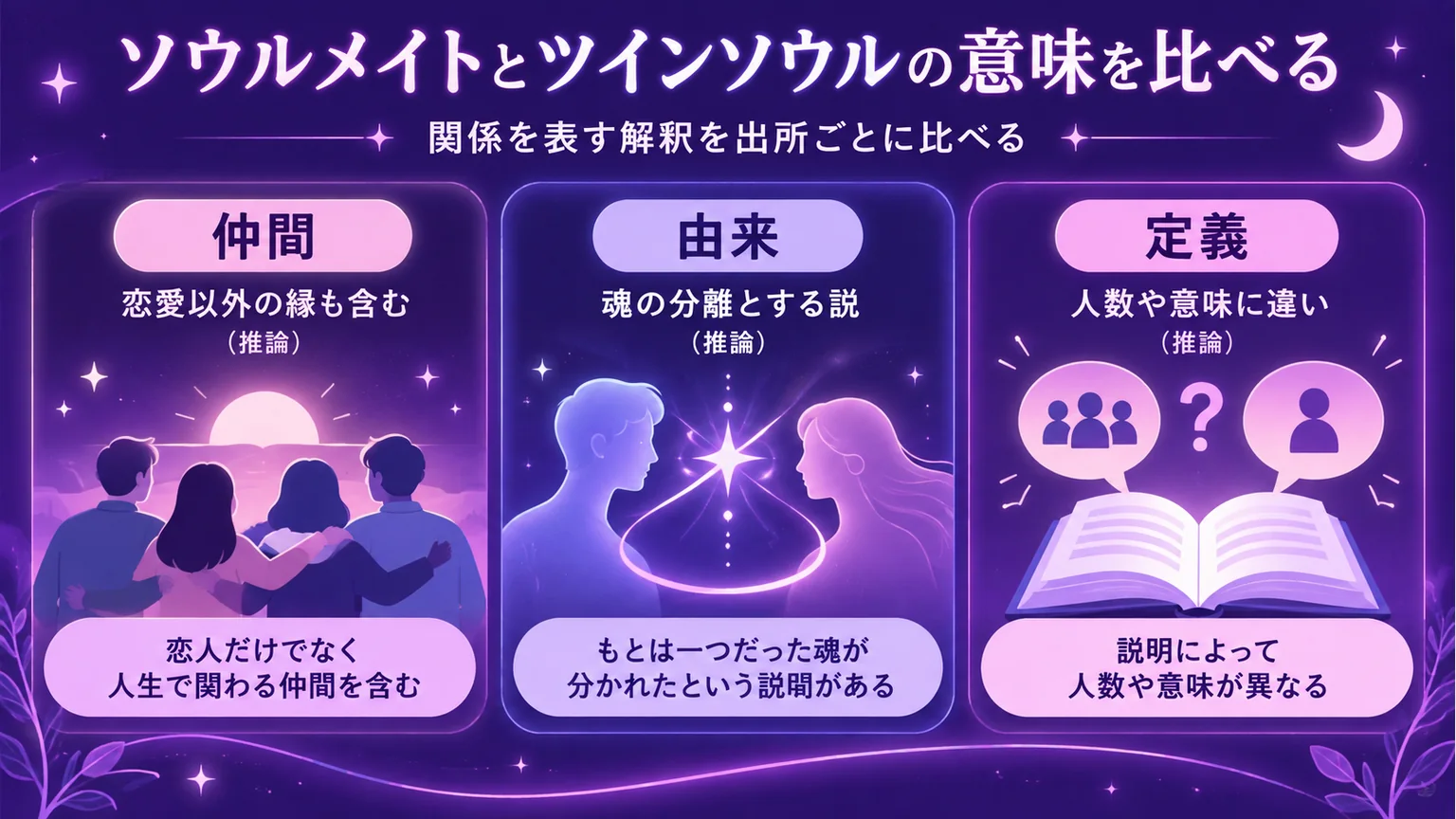 ソウルメイトの縁、ツインソウルの分離説、定義の違いを示す3枚の図