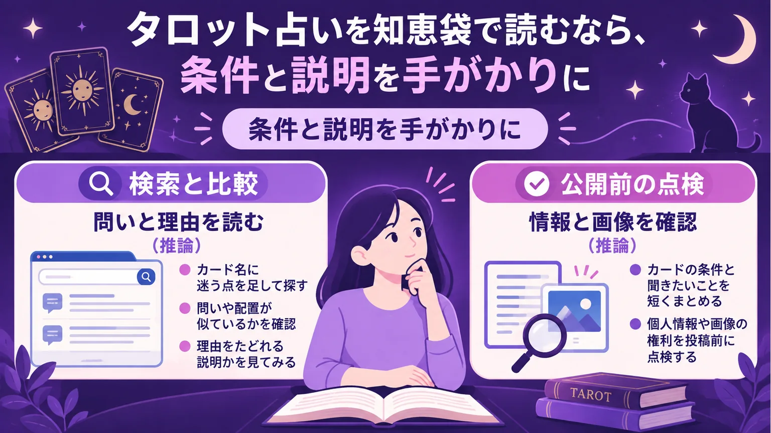 検索で問いと理由を読み、投稿前に情報と画像を点検する図解