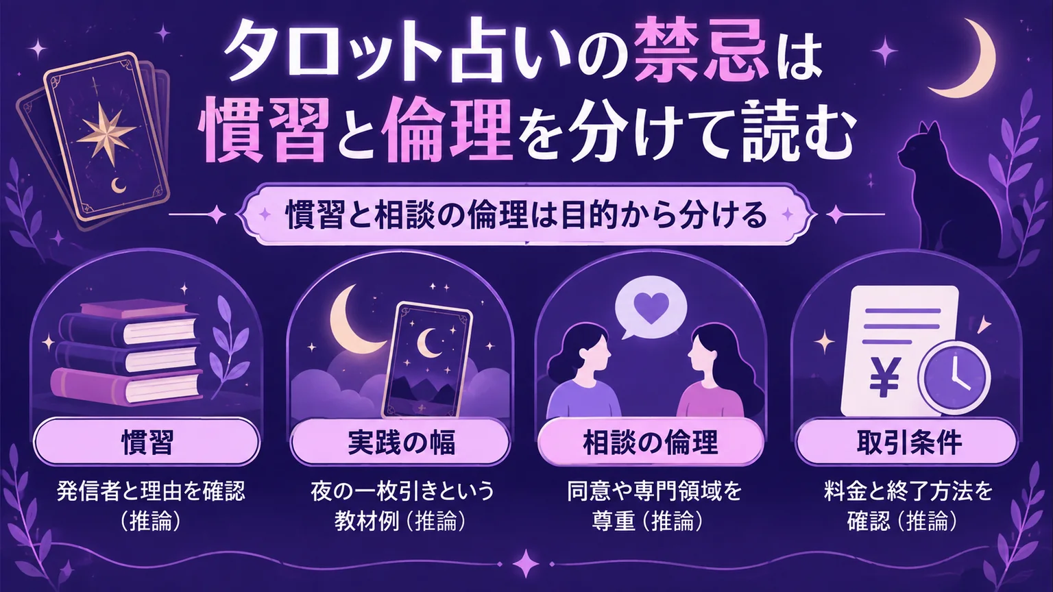 タロットの慣習・実践の幅・相談の倫理・取引条件を紫色の4列で整理した図解