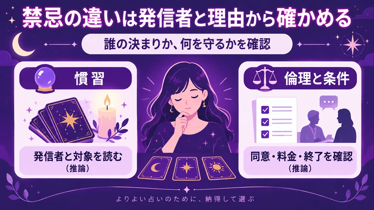 禁忌の発信者と理由を確かめるために慣習と倫理・条件を比べる図解